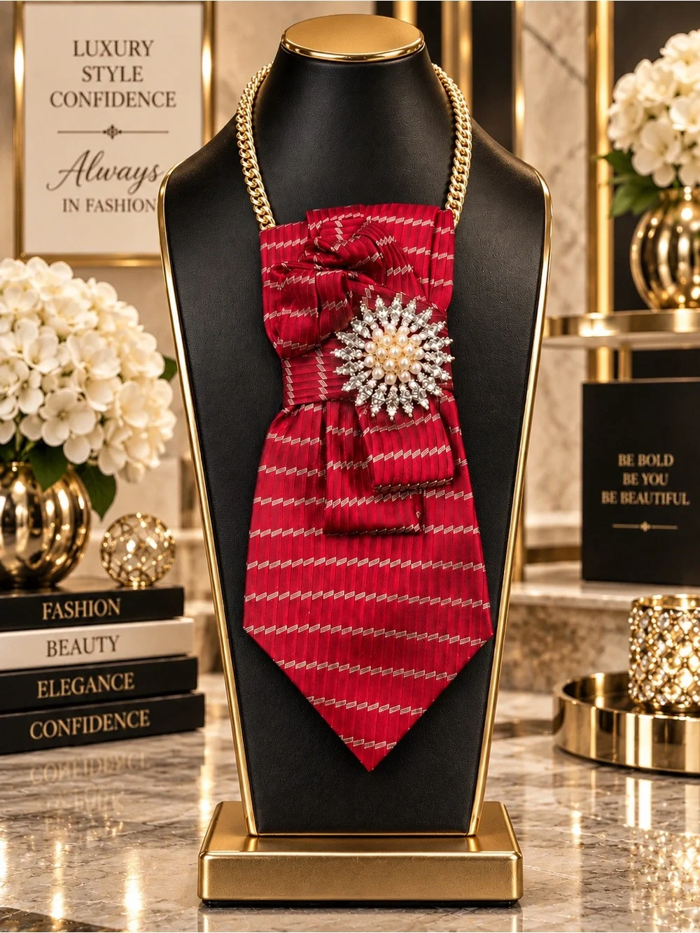 OOAK NWOT Red Gold 100% Silk Tie Necklace Handcrafted Crystal Pearl Wearable Art
